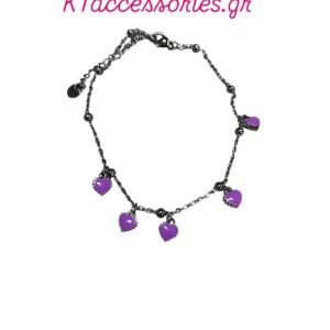 Ατσάλινη αλυσίδα ποδιού με μωβ καρδιές