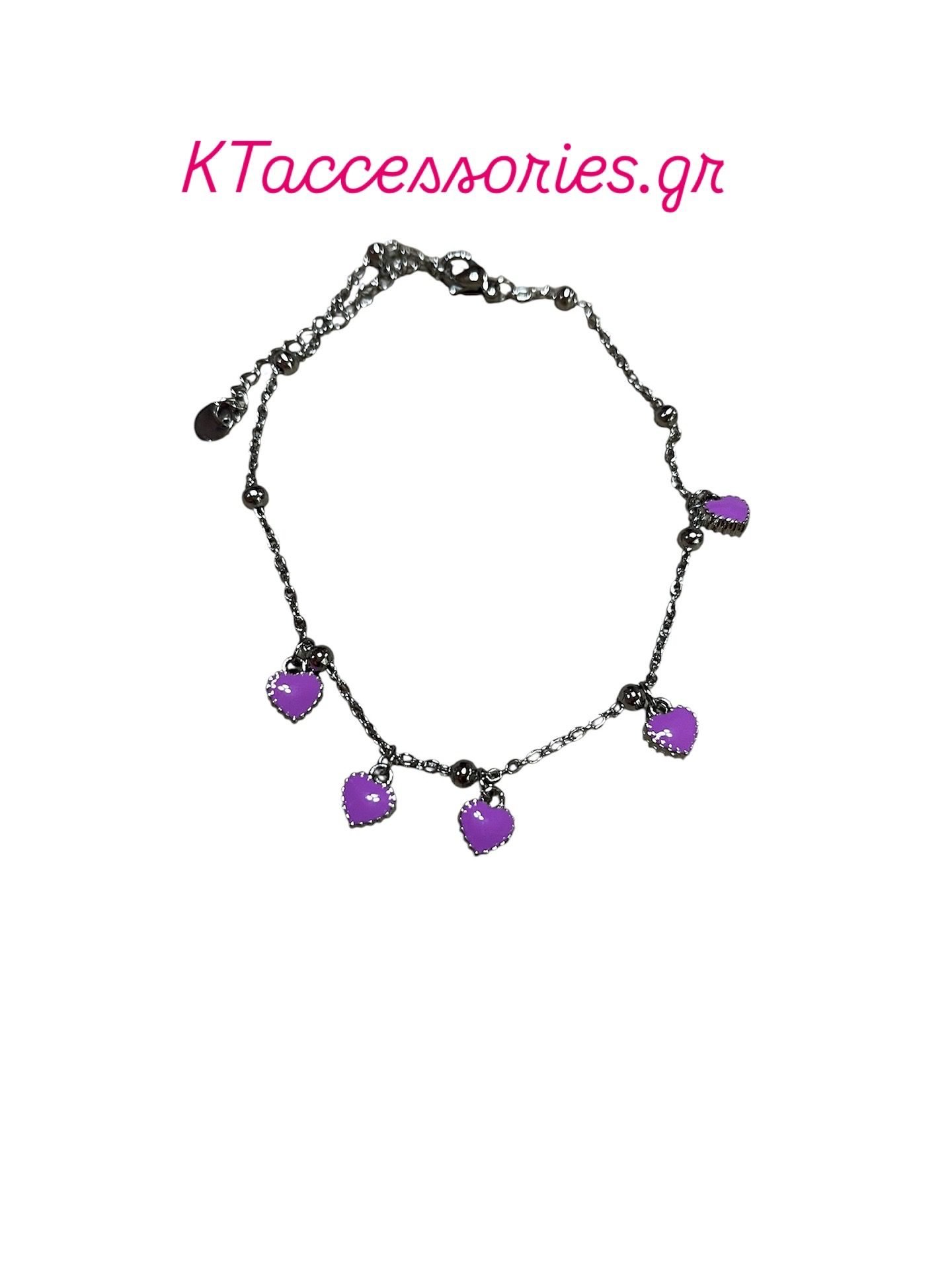 Ατσάλινη αλυσίδα ποδιού με μωβ καρδιές