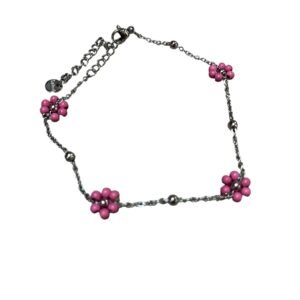 Ατσάλινη αλυσίδα ποδιού σε ασημί χρώμα με ροζ λουλουδάκια