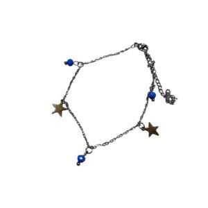 Ατσάλινη αλυσίδα ποδιού σε ασημί χρώμα με μπλε χάντρες και ασημένια αστεράκια
