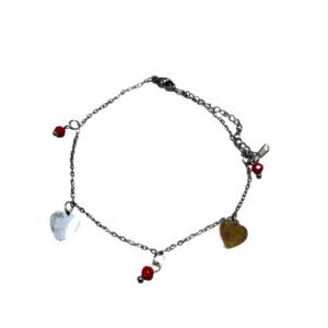 Ατσάλινη αλυσίδα ποδιού με κόκκινες χάντρες και καρδούλες