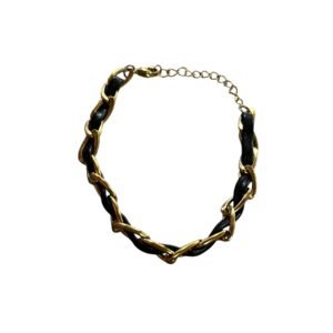 Ατσάλινο βραχιόλι σε χρυσό χρώμα πλεγμένο με δέρμα μαύρο