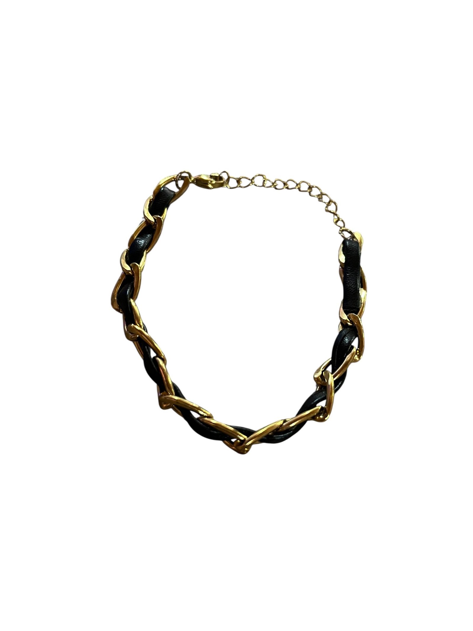 Ατσάλινο βραχιόλι σε χρυσό χρώμα πλεγμένο με δέρμα μαύρο
