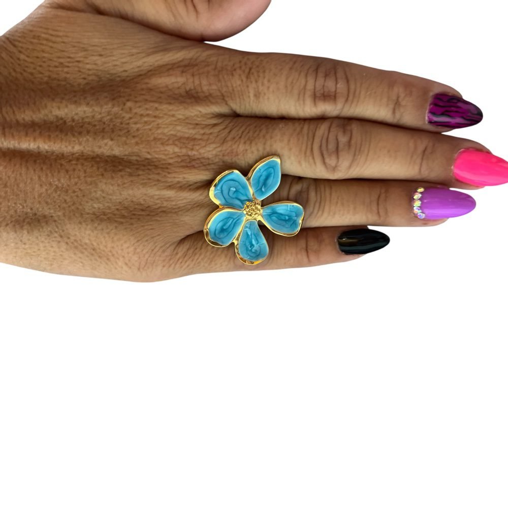 Ατσάλινο δαχτυλίδι σε χρυσό χρώμα με τιρκουάζ λουλούδι