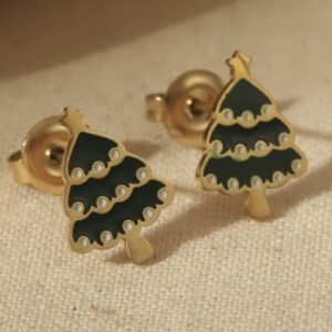 Ατσάλινα Σκουλαρίκια με σχήμα χριστουγεννιάτικου δέντρου σε χρυσό χρώμα