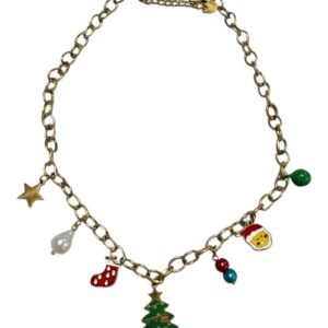 Ατσάλινο Κολιέ με Χριστουγεννιάτικα κρεμαστά σε χρυσό χρώμα